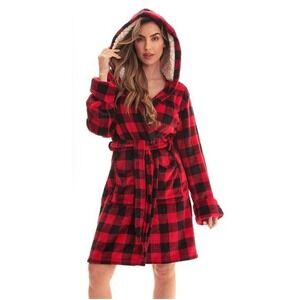 Women's Velour Printed Plaid Hooded Bathrobe Size Medium